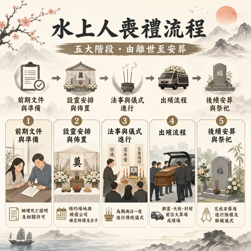 一張傳統古風水墨風格的資訊圖表，主題為「水上人喪禮流程：五大階段．由離世至安葬」。詳細列出前期文件、設靈安排、法事儀式、出殯流程及後續安葬等五個核心步驟。