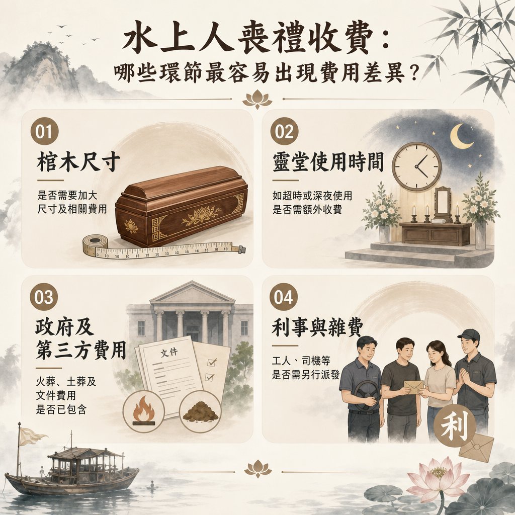 古典中式水墨風格的資訊圖表，主標題為『水上人喪禮收費：哪些環節最容易出現費用差異？』。圖表內以四宮格形式拆解了最容易產生費用落差的四個核心環節：棺木尺寸、靈堂使用時間、政府及第三方費用及利事與雜費。