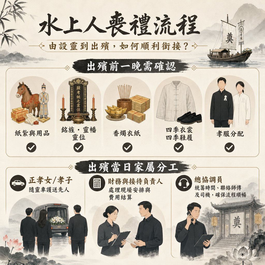 一張傳統古風水墨風格的資訊圖表，主題為「水上人喪禮流程：由設靈到出殯，如何順利銜接？」。內容清晰拆解「出殯前一晚需確認」的五大物資（紙紮、銘旌靈幡、香燭、四季衣屨、孝服），以及「出殯當日家屬分工」的三大職責（正孝女/孝子、財務與接待、總協調員）。