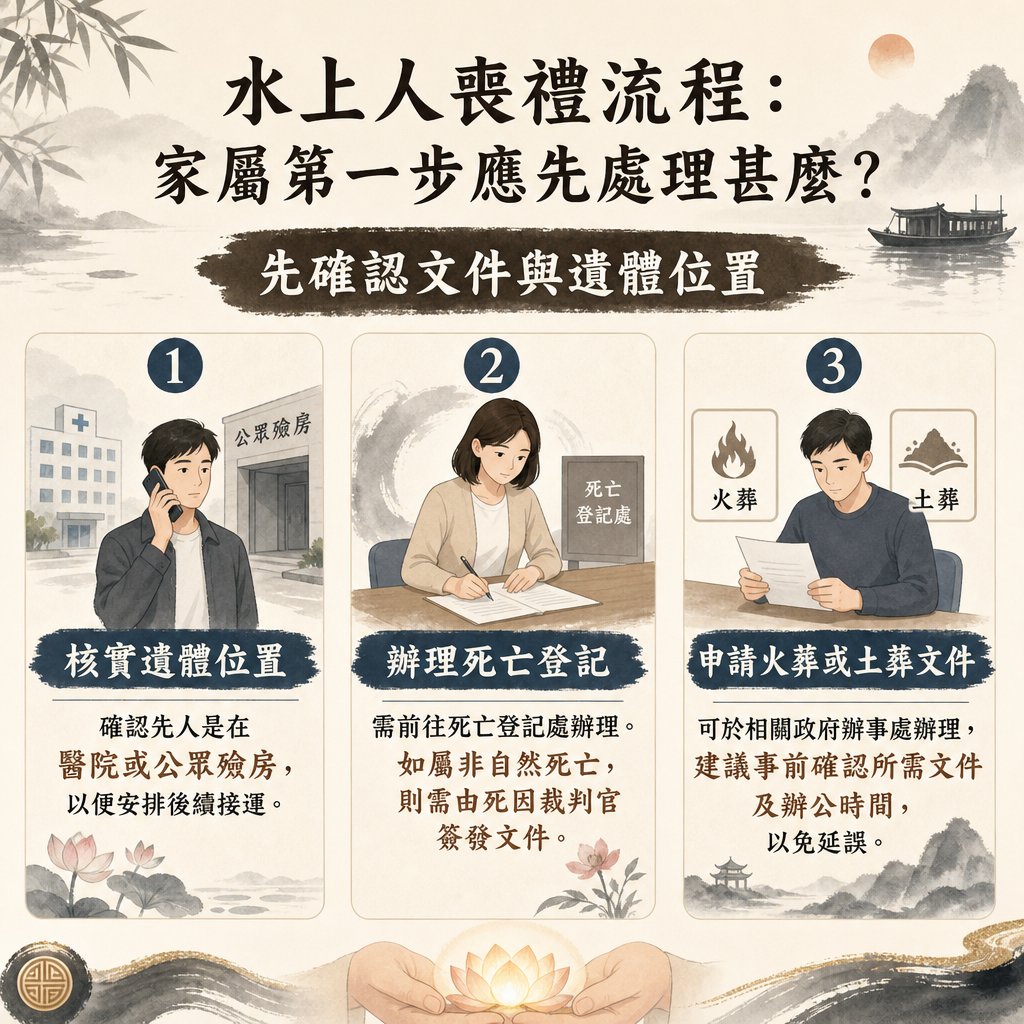 一張傳統古風水墨風格的資訊圖表，主題為「水上人喪禮流程：家屬第一步應先處理甚麼？」，下方詳細拆解「核實遺體位置」、「辦理死亡登記」及「申請火葬或土葬文件」3 大核心步驟。