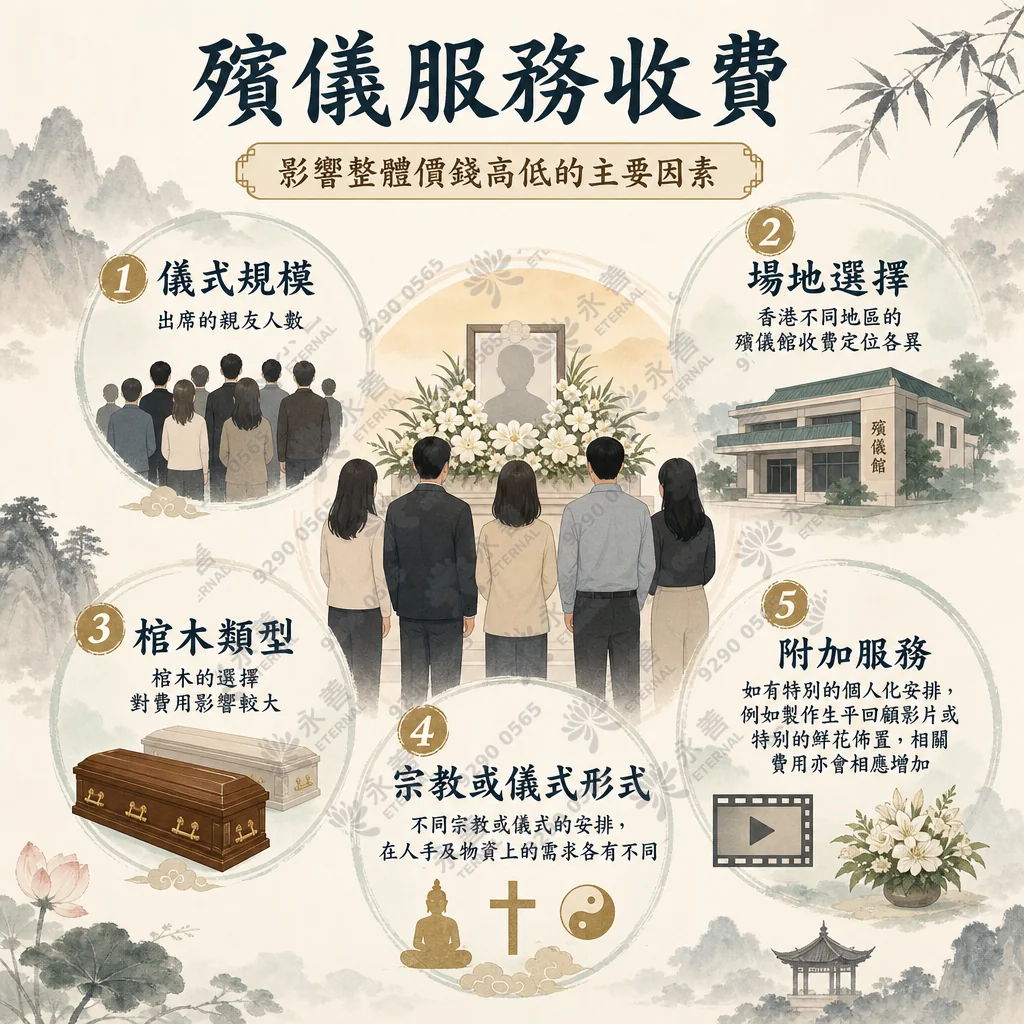 一張淡雅中式水墨風格的資訊圖表，主標題為「殯儀服務收費：影響整體價錢高低的主要因素」。畫面中央是一幅插畫，顯示五位家屬從背後面向一個佈滿白花的靈堂與遺照相框。周圍分佈五個圓形氣泡，詳細列出五大影響預算的因素：儀式規模、場地選擇、棺木類型、宗教或儀式形式及附加服務。