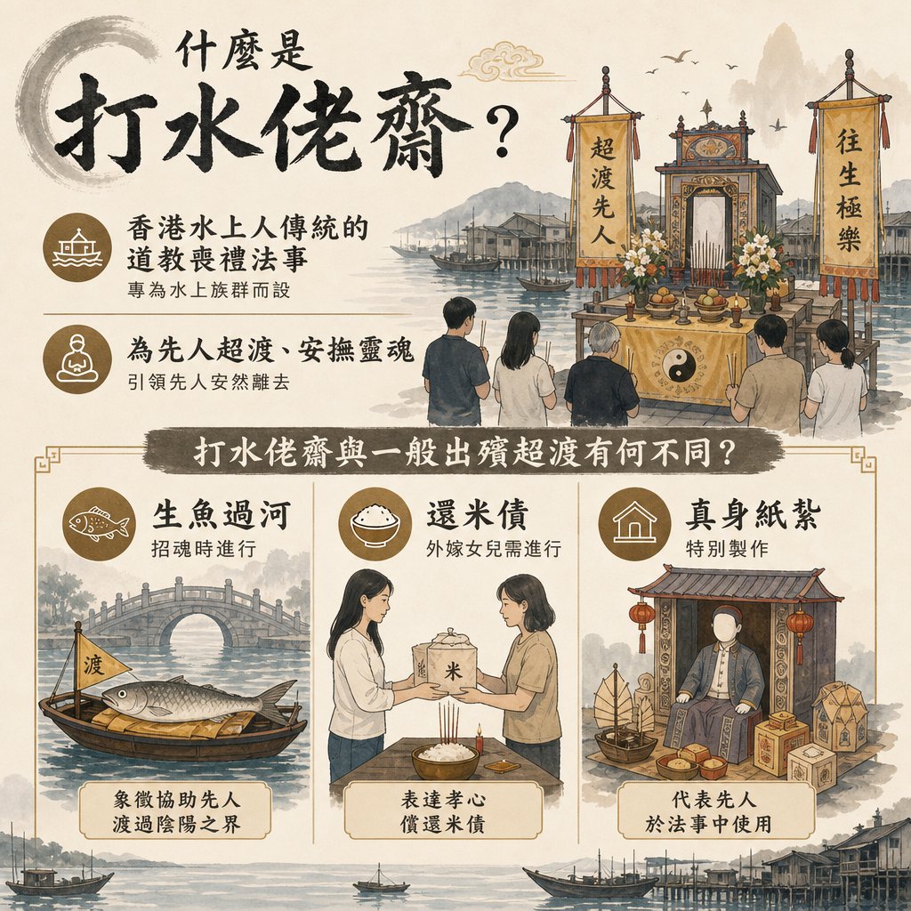 關於「什麼是打水佬齋？」的資訊圖。圖中介紹這是專為香港水上族群而設的傳統道教喪禮法事，旨在為先人超渡、安撫靈魂。下方列出打水佬齋與一般出殯超渡的三大不同之處：一、招魂時進行「生魚過河」，象徵協助先人渡過陰陽之界；二、外嫁女兒需進行「還米債」，以表達孝心償還米債；三、特別製作「真身紙紮」，代表先人於法事中使用。背景繪有水上棚屋、親屬在祭台前上香以及相關儀式的插畫。