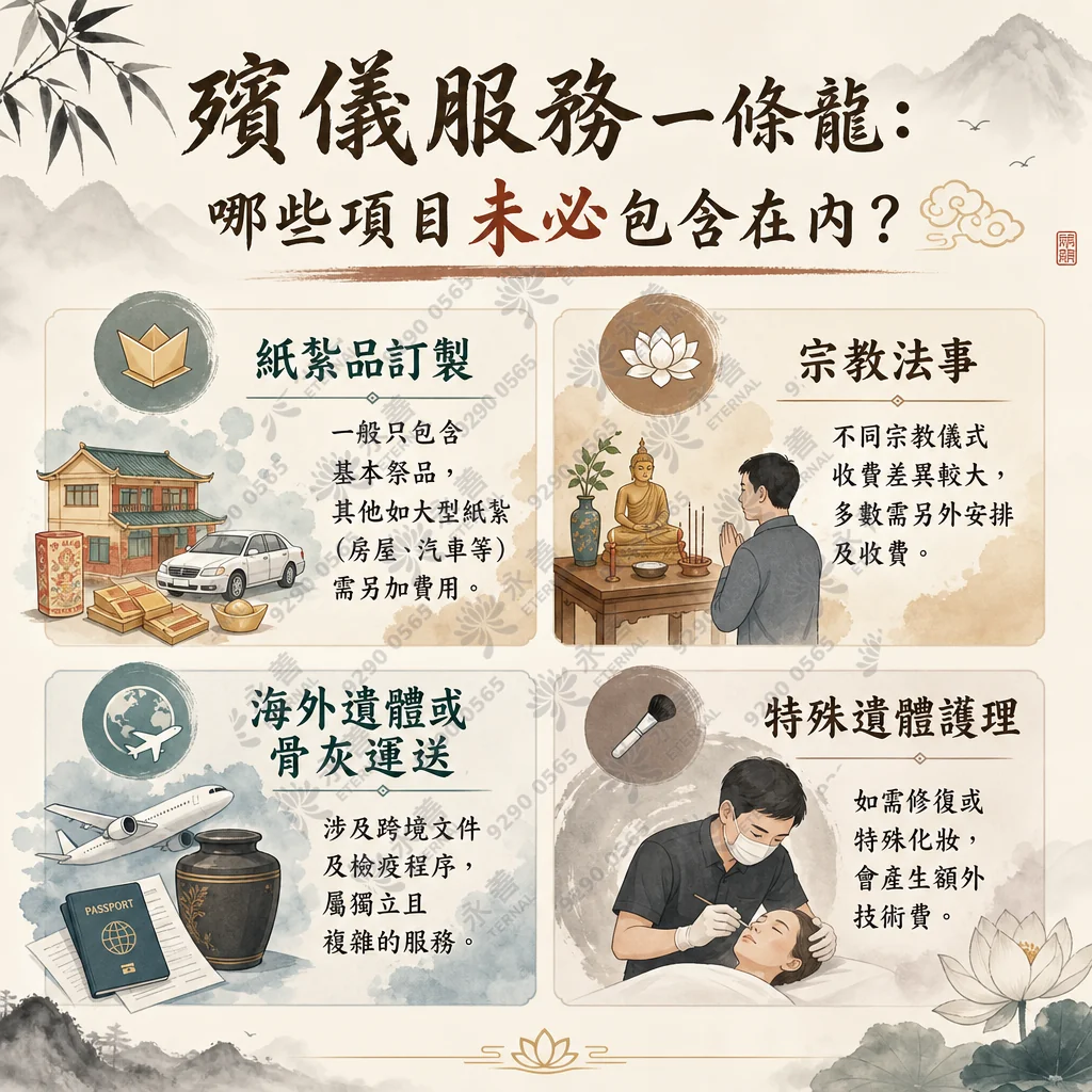 一幅古典水墨山水風格的資訊圖表，主標題為「殯儀服務一條龍：哪些項目未必包含在內？」。圖中分為四個象限板塊，詳細列出通常需額外收費的項目與插圖說明： 左上為「紙紮品訂製」（圖為大型紙紮別墅、紙紮私家車與金銀元寶，文字說明一般只包含基本祭品，其他如大型紙紮需另加費用）； 右上為「宗教法事」（圖為男子在佛像與香爐前合十參拜，文字說明不同宗教儀式收費差異較大，多數需另外安排及收費）； 左下為「海外遺體或骨灰運送」（圖為飛機、地球與護照文件、骨灰盅，文字說明涉及跨境文件及檢疫程序，屬獨立且複雜的服務）； 右下為「特殊遺體護理」（圖為專業化妝師戴口罩細心為逝者進行面部化妝，文字說明如需修復或特殊化妝，會產生額外技術費）。 圖表底部中央帶有一朵盛開的金色蓮花裝飾。