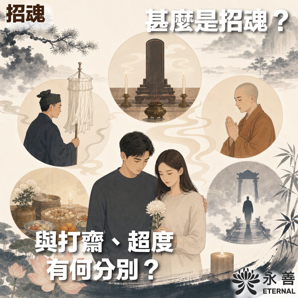一張由「永善 ETERNAL」製作的傳統中式水墨風格殯儀知識圖卡。主標題為「甚麼是招魂？與打齋、超度有何分別？」。畫面中央是一對神情哀傷的年輕男女，女子手持白色菊花。周圍有五個圓形氣泡插圖，分別描繪中式傳統儀式場景：包含身穿道袍手持招魂幡的道士、供奉神主牌位的香案與蠟燭、閉目合十祈福的僧侶、擺放祭品與鮮花的供桌，以及一個靈魂走向雲霧中牌坊的意境畫面。