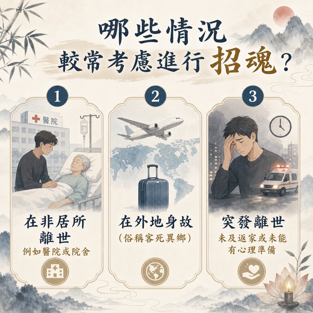 中式殯儀知識圖表，說明「哪些情況較常考慮進行招魂？」。三大主要情境包括：1. 在非居所離世（如醫院或院舍）；2. 在外地身故（俗稱客死異鄉）；3. 突發離世（未及返家或未能有心理準備）。每項皆配有相應的意境插圖。