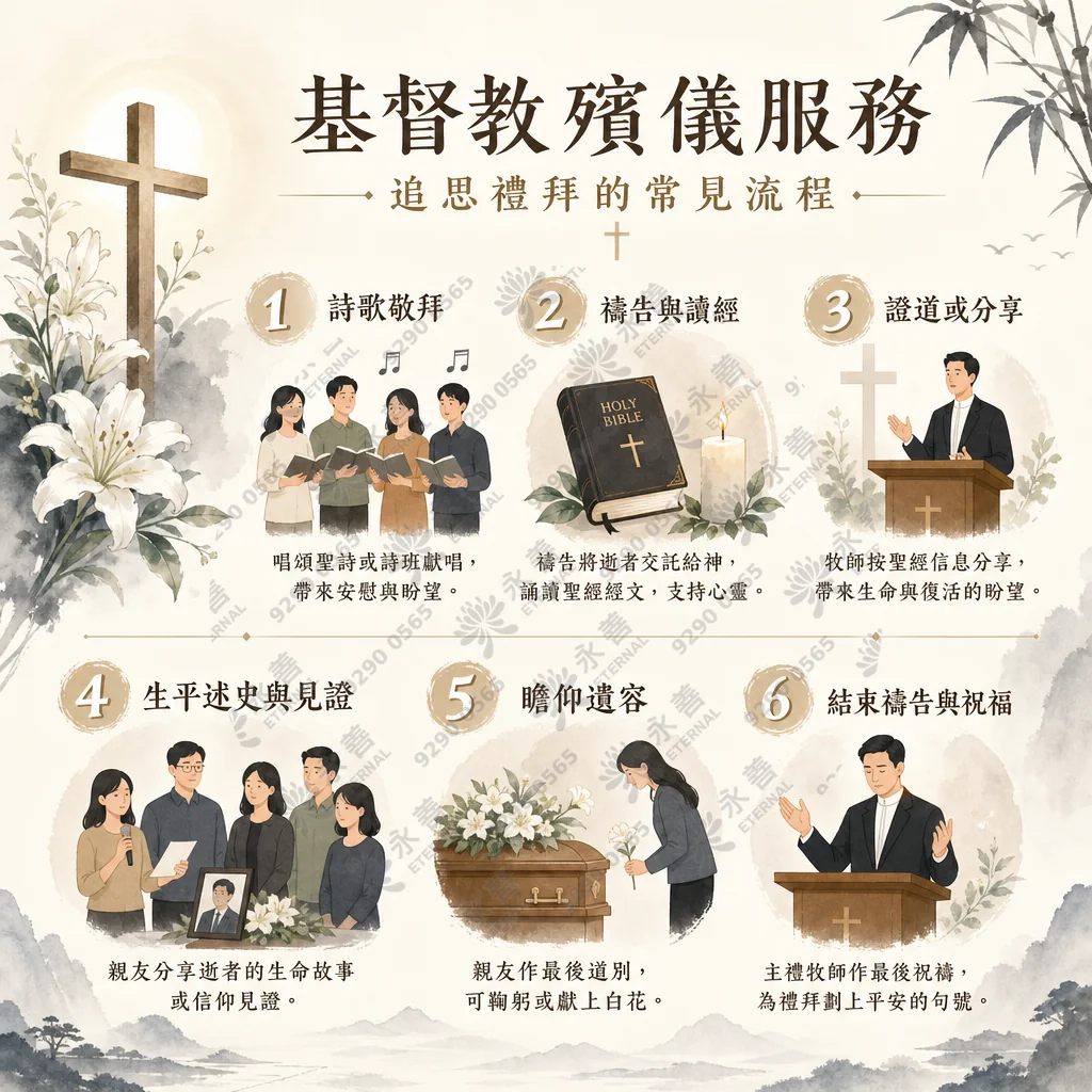 基督教殯儀服務資訊圖表，主題為「追思禮拜的常見流程」。背景為淡雅的水墨山水、十字架、竹子與百合花。圖中詳細列出六大流程步驟與插畫：1. 詩歌敬拜：唱頌聖詩或詩班獻唱，帶來安慰與盼望。2. 禱告與讀經：禱告將逝者交託給神，誦讀聖經經文，支持心靈。3. 證道或分享：牧師按聖經信息分享，帶來生命與復活的盼望。4. 生平述史與見證：親友分享逝者的生命故事或信仰見證。5. 瞻仰遺容：親友作最後道別，可鞠躬或獻上白花。6. 結束禱告與祝福：主禮牧師作最後祝福，為禮拜劃上平安的句號。