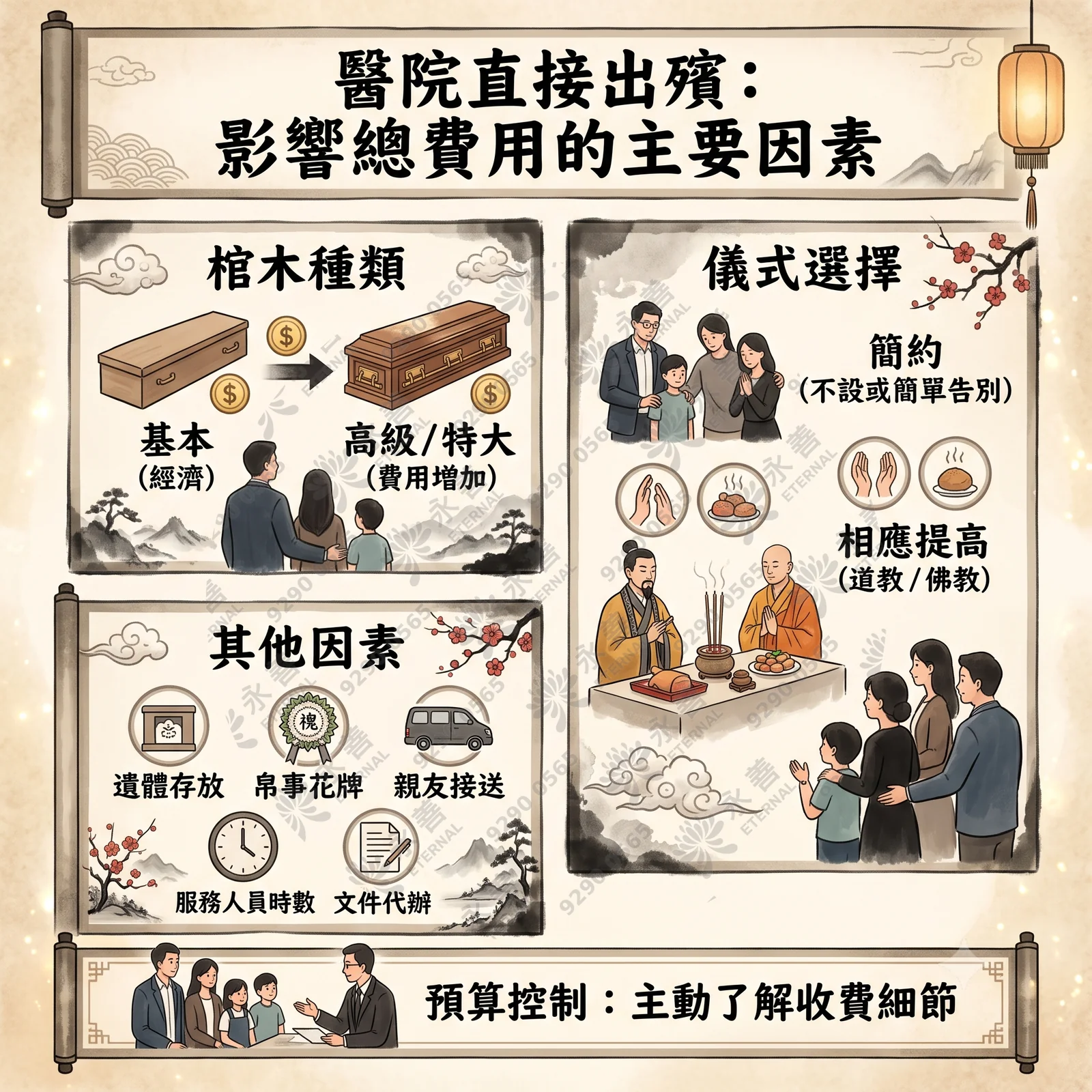 醫院直接出殯影響總費用的主要因素圖表：1. 棺木種類（基本經濟型或高級特大型）；2. 儀式選擇（簡約不設或簡單告別，若選擇道教或佛教儀式費用相應提高）；3. 其他因素（遺體存放、帛事花牌、親友接送、服務人員時數及文件代辦）；底部提醒預算控制需主動了解收費細節。