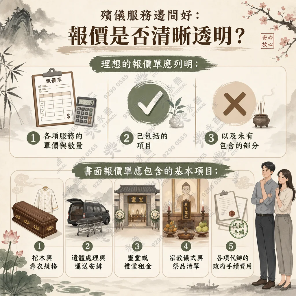 資訊圖表介紹「殯儀服務邊間好：報價是否清晰透明？」。上半部說明理想報價單應列明各項單價數量、已包括及未包含項目；下半部詳細條列書面報價單應包含的 5 大基本項目，包含棺木壽衣、遺體運送、靈堂租金、儀式祭品及代辦政府手續費。