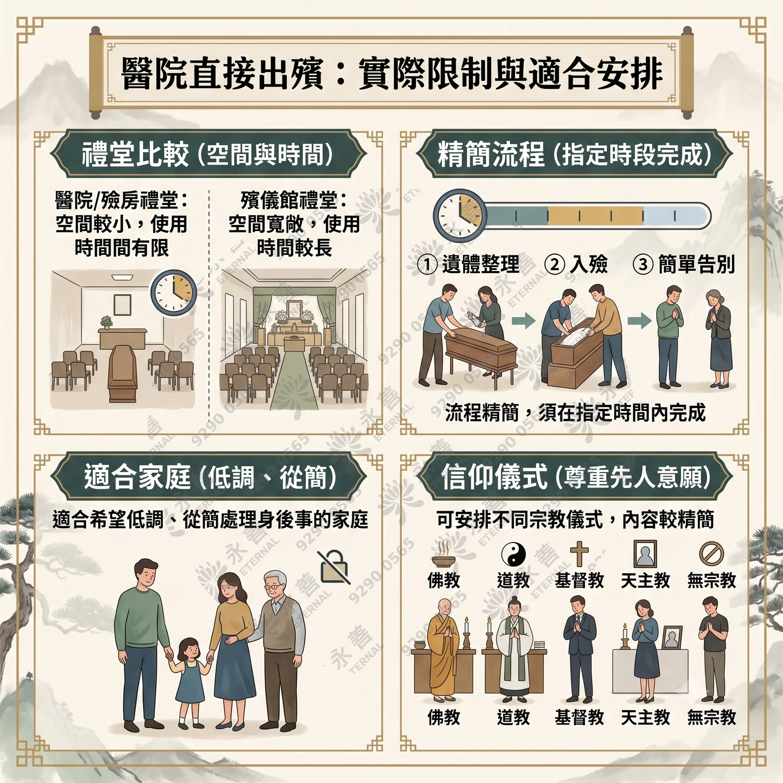 醫院直接出殯的實際限制與適合安排資訊圖。分為四個部分：1. 禮堂比較：說明醫院/殮房禮堂空間較小且時間有限，殯儀館禮堂則較寬敞、時間較長。2. 精簡流程：展示遺體整理、入殮到簡單告別的指定時段流程。3. 適合家庭：指出適合希望低調、從簡處理身後事的家庭。4. 信仰儀式：說明可安排佛教、道教、基督教、天主教或無宗教等精簡儀式。