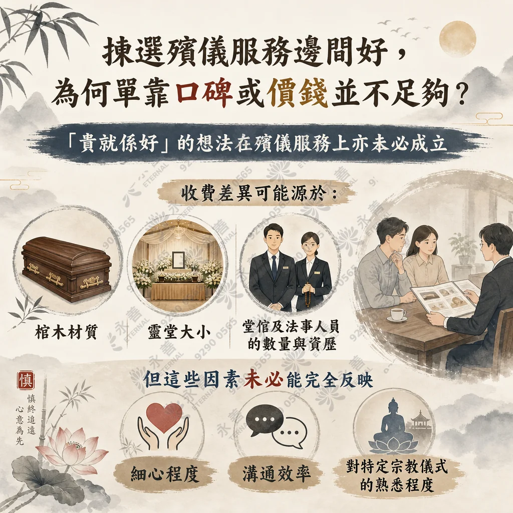 資訊圖表探討「揀選殯儀服務邊間好，為何單靠口碑或價錢並不足夠？」。指出收費差異源於棺木材質、靈堂大小、人員資歷，並提醒這些客觀因素未必能完全反映白事服務的細心度、溝通效率及對特殊宗教儀式的熟悉度。