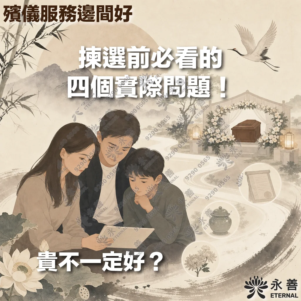 永善 ETERNAL 殯儀服務挑選指南宣傳圖。主視覺文字為「殯儀服務邊間好」、「揀選前必看的四個實際問題！」與「貴不一定好？」，配有一家三口共同商量、背景為通往靈堂的蜿蜒道路及骨灰甕、文件等圖標的水墨風插畫。