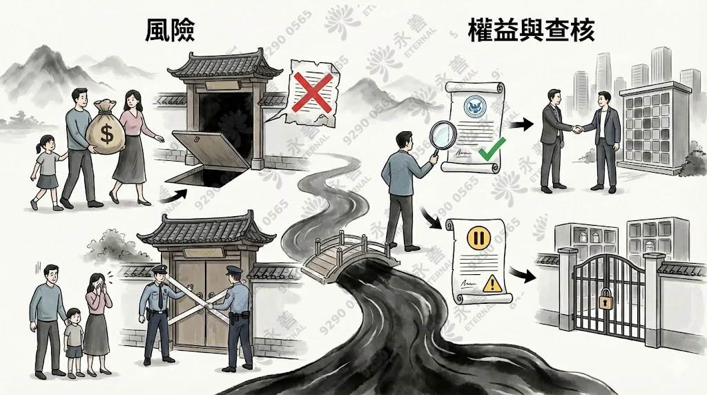 importance-of-private-columbarium-licence-check 圖解查核私營龕位牌照的重要性,包括避免非法營辦風險及釐清該場所是否具備合法銷售權限。