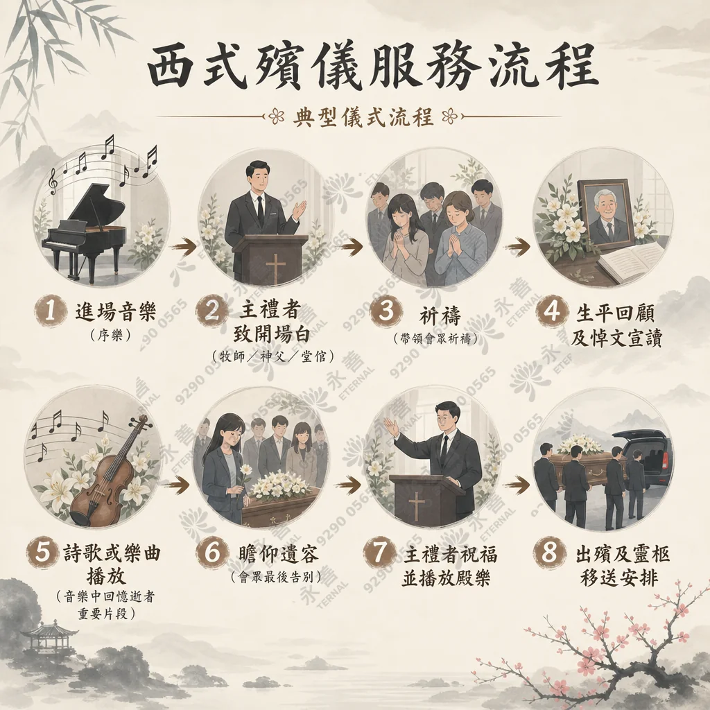 這是一張淡雅水墨風格的「西式殯儀服務流程」資訊圖表，詳細列出典型儀式的8個主要步驟：1. 進場音樂（序樂）；2. 主禮者致開場白（牧師/神父/堂館）；3. 祈禱（帶領會眾祈禱）；4. 生平回顧及悼文宣讀；5. 詩歌或樂曲播放（音樂中回憶逝者重要片段）；6. 瞻仰遺容（會眾最後告別）；7. 主禮者祝福並播放殿樂；8. 出殯及靈柩移送安排。每個步驟皆配有相應的溫馨插圖與箭頭指引。