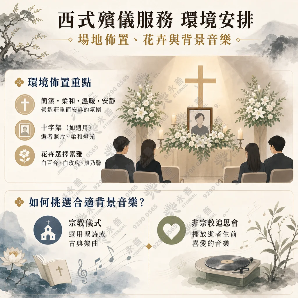 一張淡雅水墨風格的資訊圖表，主題為「西式殯儀服務 環境安排：場地佈置、花卉與背景音樂」。內容分為兩大板塊：環境佈置重點：強調簡潔、柔和、溫暖、安靜，營造莊重而安祥的氛圍；配置十字架（如適用）、逝者照片與柔和燈光；花卉選擇素雅，如白百合、白玫瑰、康乃馨。插圖顯示家屬坐在禮堂內，前方有十字架、逝者遺照與大量白色花卉與燭光。如何挑選合適背景音樂：區分為「宗教儀式」選用聖詩或古典樂曲，配有聖經與音符插圖；「非宗教追思會」播放逝者生前喜愛的音樂，配有留聲機唱片插圖。