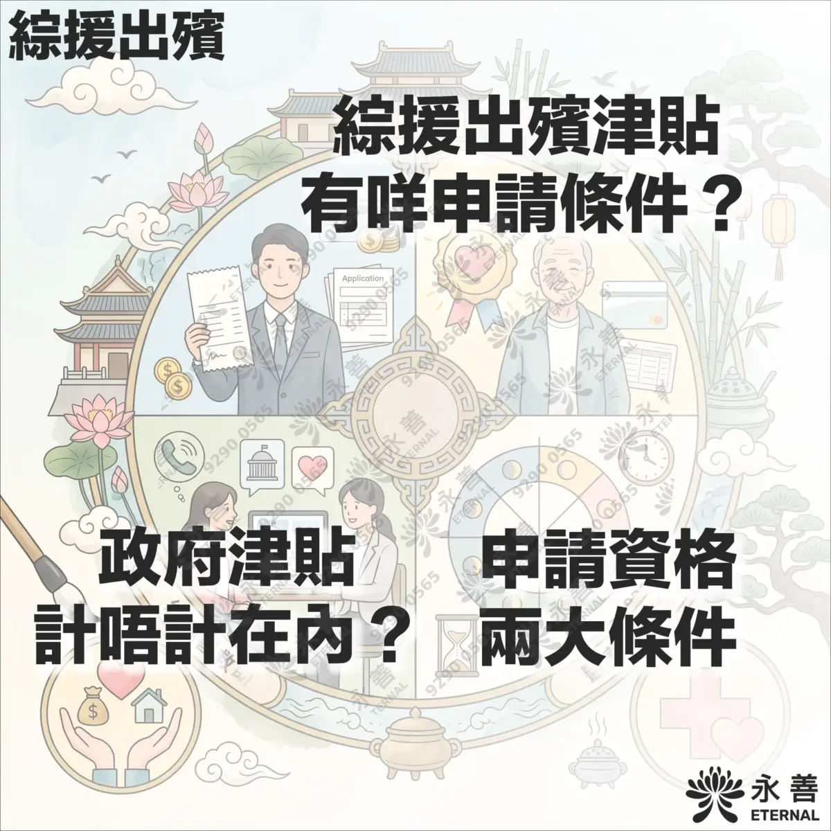 綜援出殯津貼指南圖表：上方標題「綜援出殯津貼有咩申請條件？」，下方展示「政府津貼計唔計在內？」與「申請資格兩大條件」之說明，配以長者、申請表格及社工諮詢插圖，右下角為永善品牌標誌。