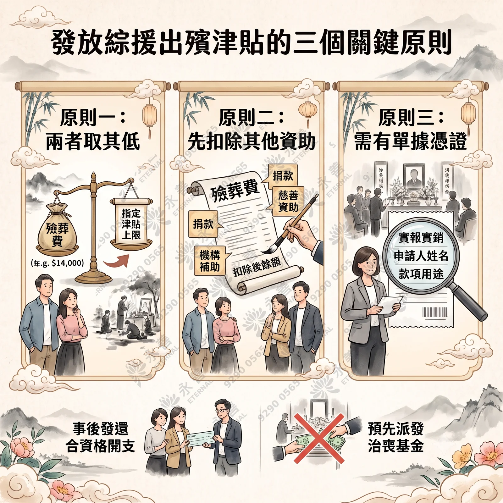 發放綜援出殯津貼的三個關鍵原則資訊圖表：頂部標題為「發放綜援出殯津貼的三個關鍵原則」，下方包含三個捲軸插圖。原則一說明「兩者取其低」（比較實際殮葬費與津貼上限）；原則二說明「先扣除其他資助」（如捐款、慈善資助等）；原則三說明「需有單據憑證」（實報實銷，須列明申請人姓名及款項用途）。底部標示「事後發還合資格開支」，並以紅叉圖示強調不可「預先派發治喪基金」。