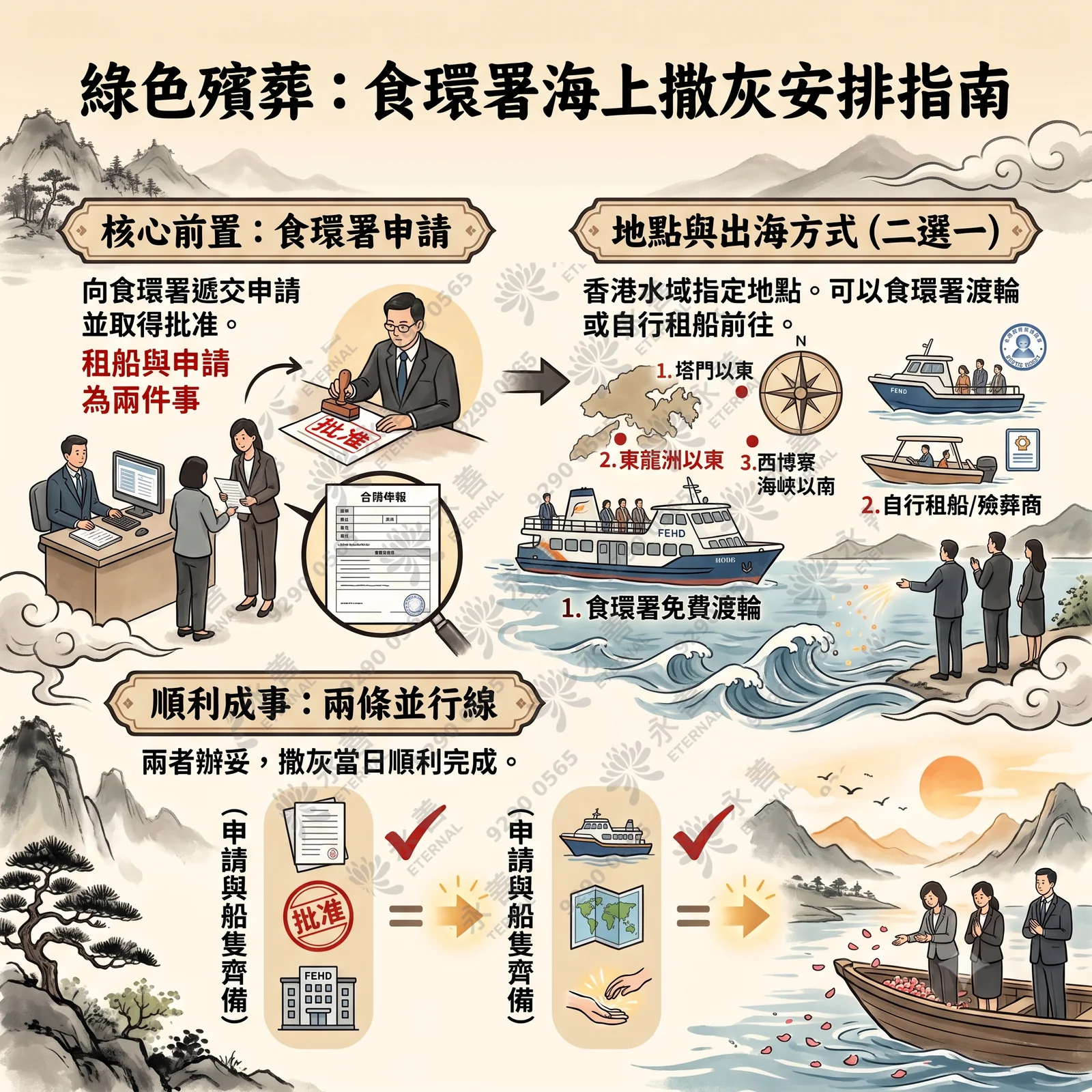 綠色殯葬食環署海上撒灰安排指南圖表：左上方說明「核心前置：食環署申請」，強調租船與申請為兩件事；右上方介紹地點（塔門以東、東龍洲以東、西博寮海峽以南）及兩種出海方式（食環署免費渡輪或自行租船/殮葬商）；下方總結成功順利完成需申請與船隻齊備兩條並行線。