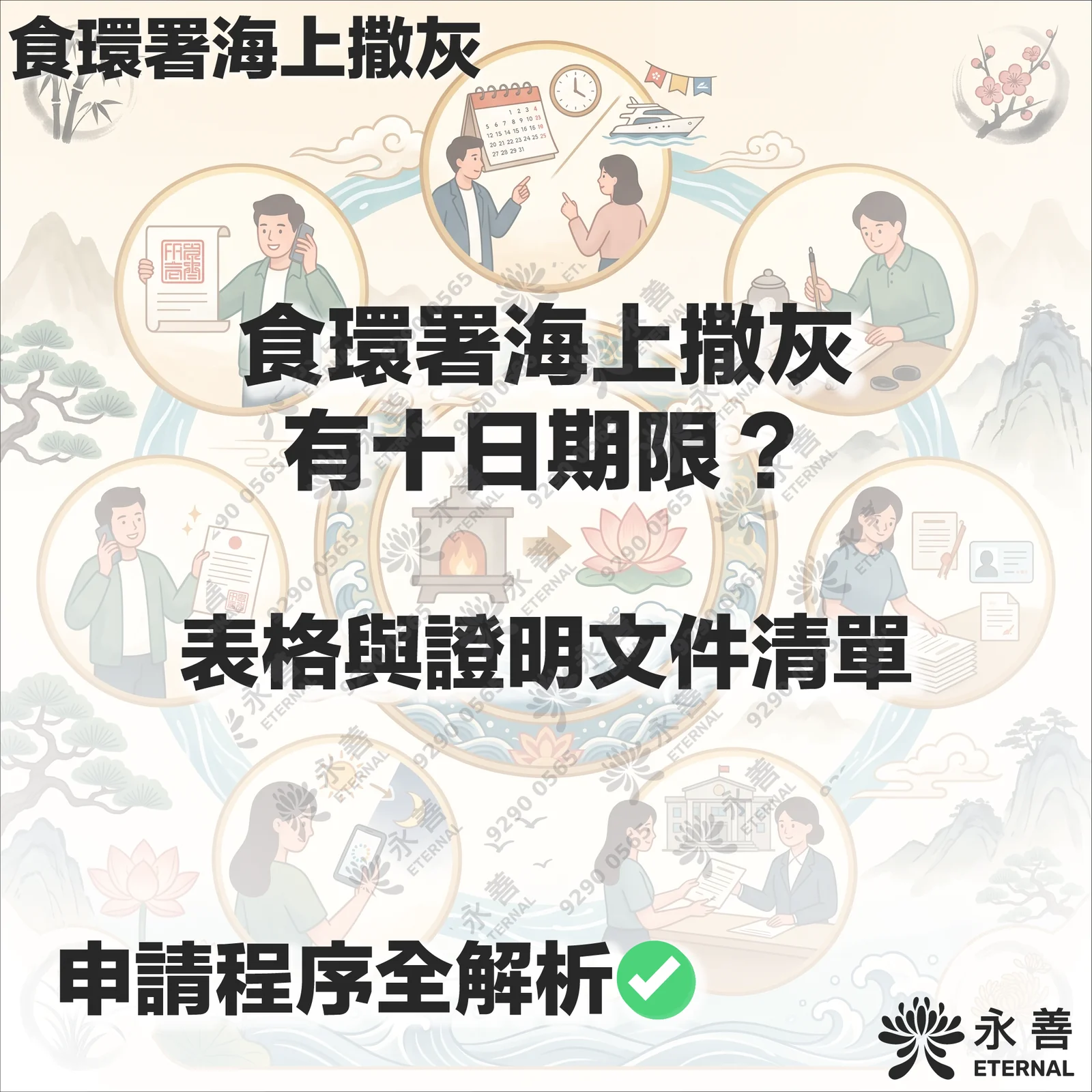 食環署海上撒灰申請指南：標題包含「食環署海上撒灰有十日期限？表格與證明文件清單」，下方標示「申請程序全解析」，背景配有日曆時間、渡輪撒灰及文件準備等圓形步驟插圖，右下角為永善品牌標誌。