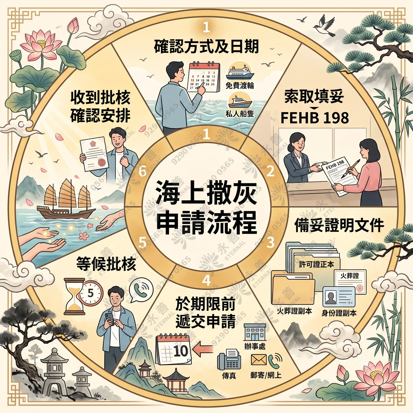 海上撒灰申請流程環形圖：中心標示「海上撒灰申請流程」，分為六個步驟。1. 確認方式及日期（免費渡輪或私人船隻）；2. 索取填妥 FEHB 198 表格；3. 備妥證明文件（許可證正本、火葬證正副本、身份證副本）；4. 於期限前（10日前）遞交申請（辦事處、傳真、郵寄或網上）；5. 等候批核（約5個工作天）；6. 收到批核確認安排並進行海上撒灰。