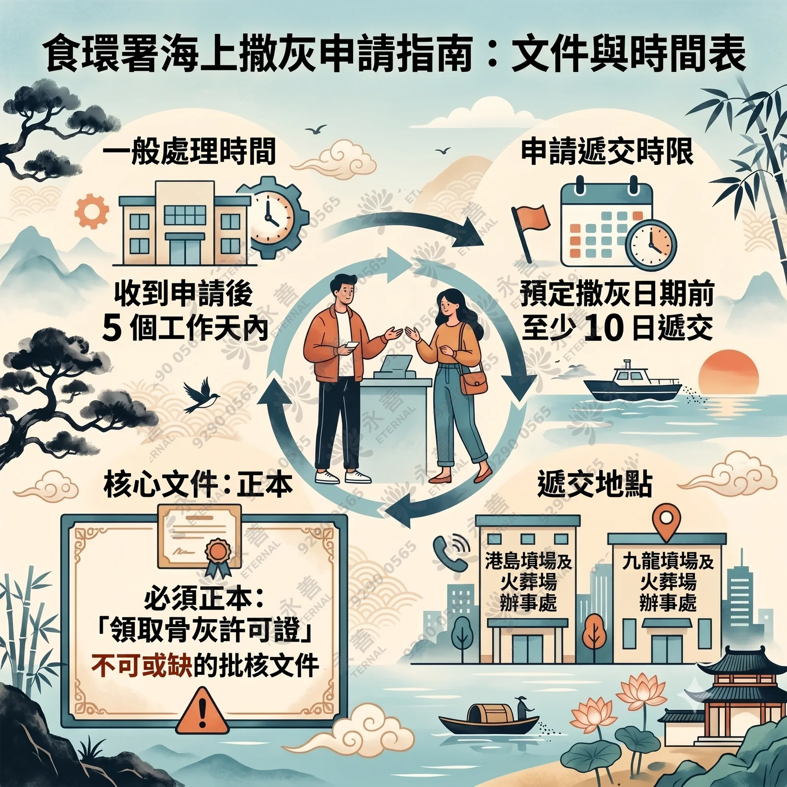 食環署海上撒灰申請指南資訊圖表：頂部標題「食環署海上撒灰申請指南：文件與時間表」。圖中包含四大區塊：1. 一般處理時間為收到申請後5個工作天內；2. 申請遞交時限為預定撒灰日期前至少10日遞交；3. 核心文件正本必須包含「領取骨灰許可證」；4. 遞交地點可選擇港島墳場及火葬場辦事處或九龍墳場及火葬場辦事處。